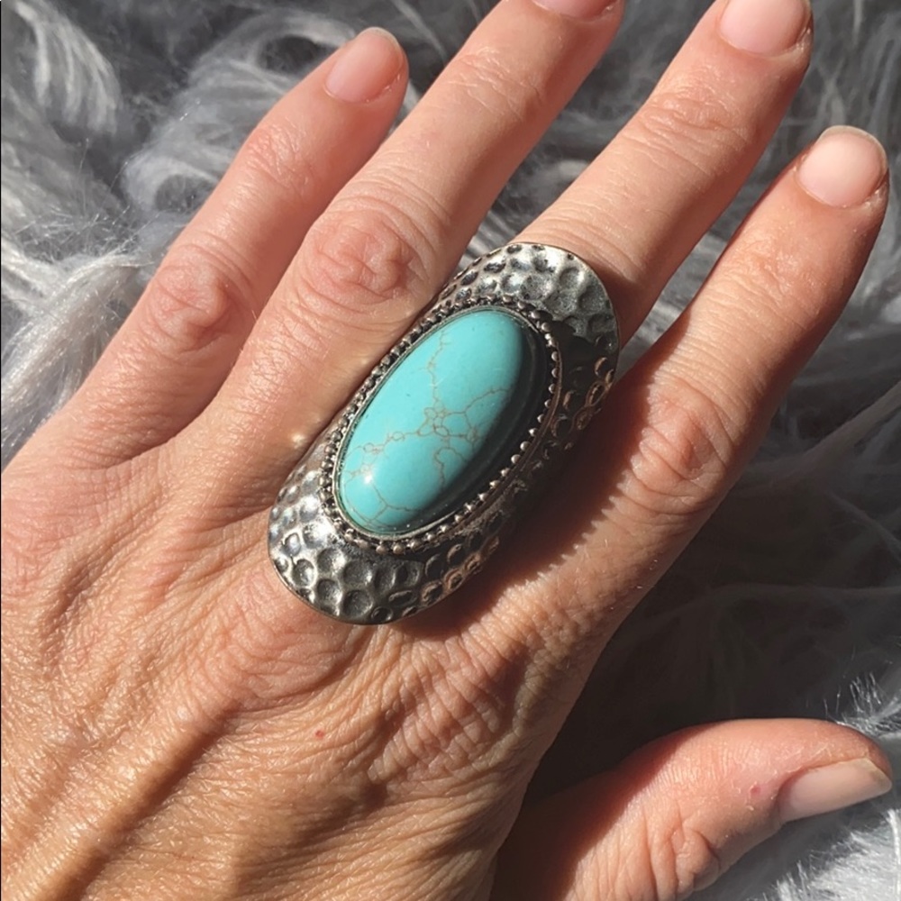 Boho Statement Ring With Blue Turquoise Stone Sil… - image 5